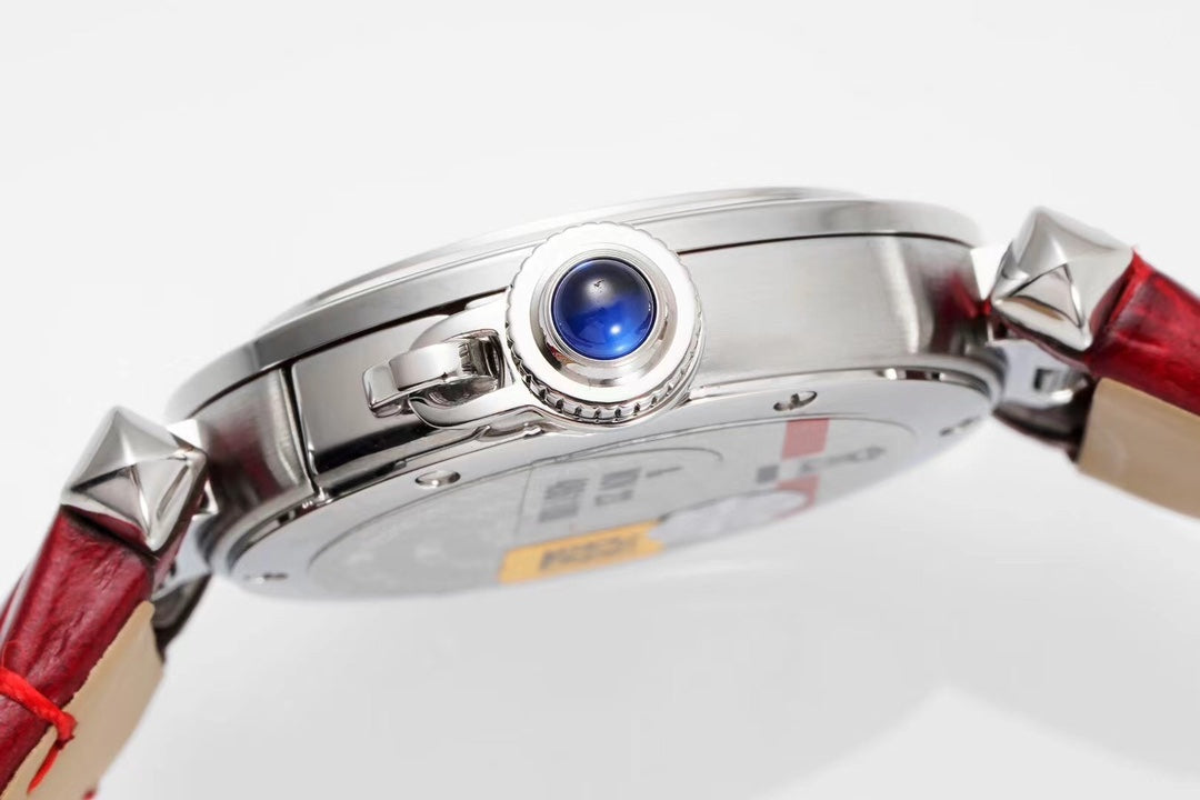PASHA DE CARTIER WATCH SILVER CASE WITH CRIMSON RED LEATHER STRAP