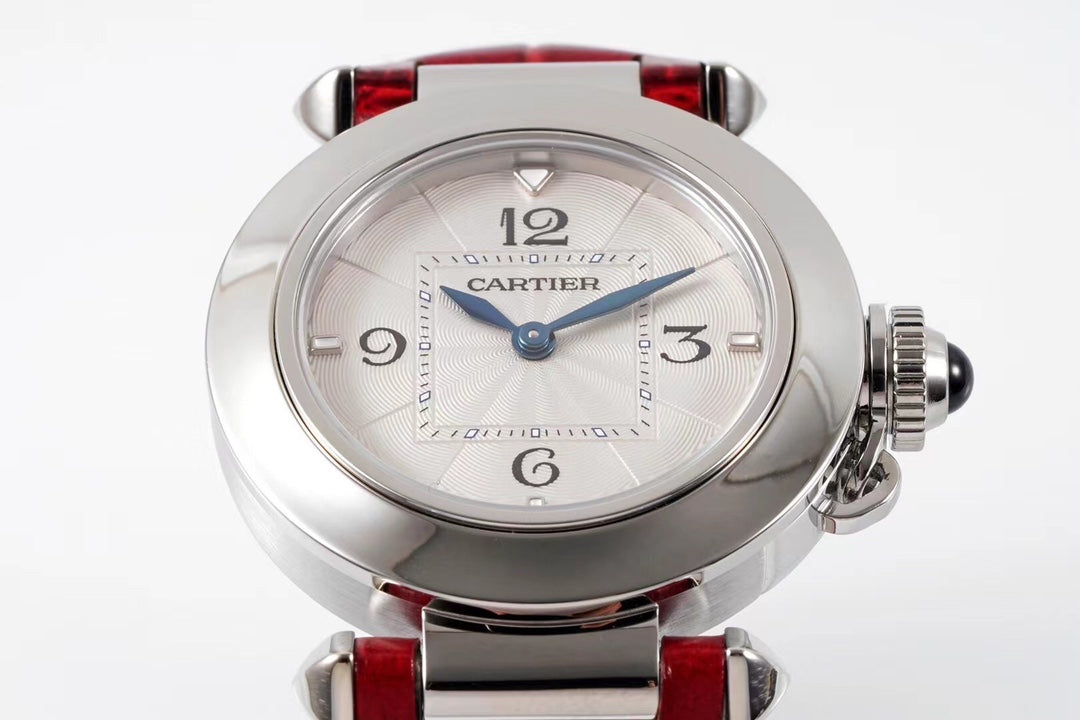 PASHA DE CARTIER WATCH SILVER CASE WITH CRIMSON RED LEATHER STRAP