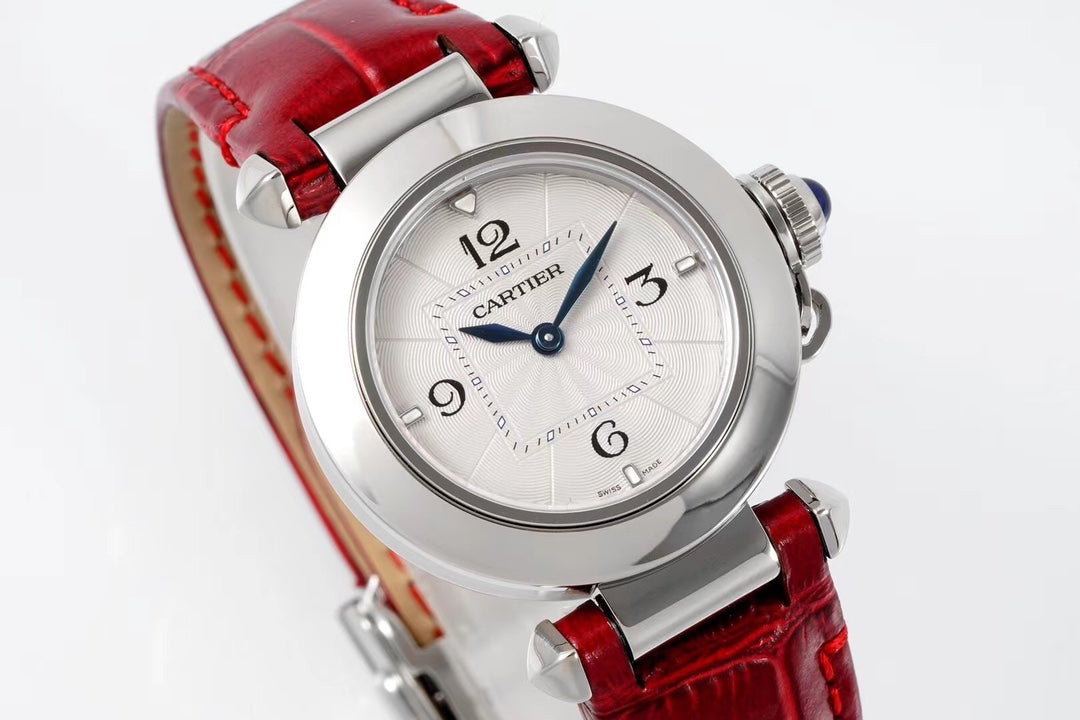 PASHA DE CARTIER WATCH SILVER CASE WITH CRIMSON RED LEATHER STRAP