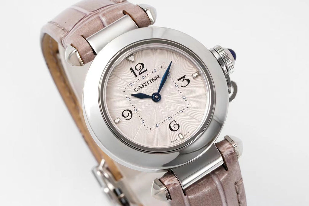 PASHA DE CARTIER WATCH SILVER CASE WITH ROSE BROWN LEATHER STRAP