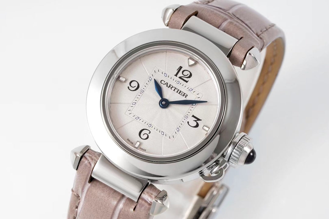 PASHA DE CARTIER WATCH SILVER CASE WITH ROSE BROWN LEATHER STRAP