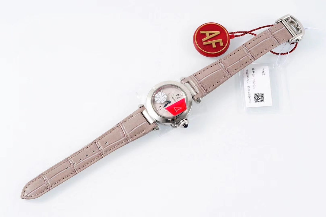 PASHA DE CARTIER WATCH SILVER CASE WITH ROSE BROWN LEATHER STRAP