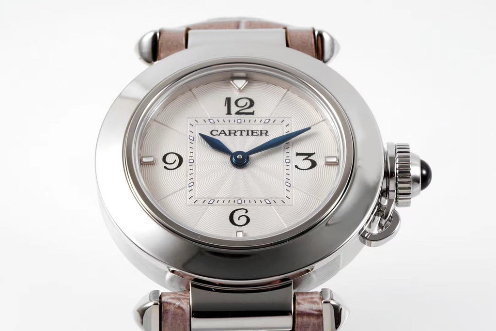 PASHA DE CARTIER WATCH SILVER CASE WITH ROSE BROWN LEATHER STRAP