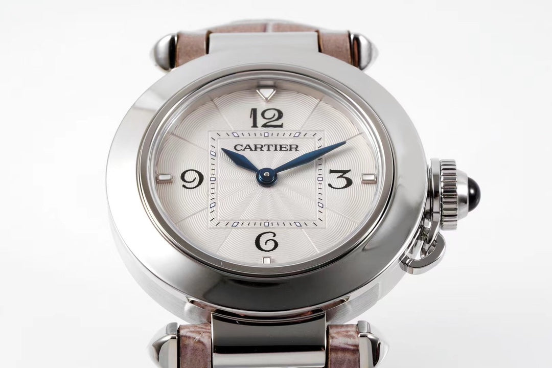 PASHA DE CARTIER WATCH SILVER CASE WITH ROSE BROWN LEATHER STRAP