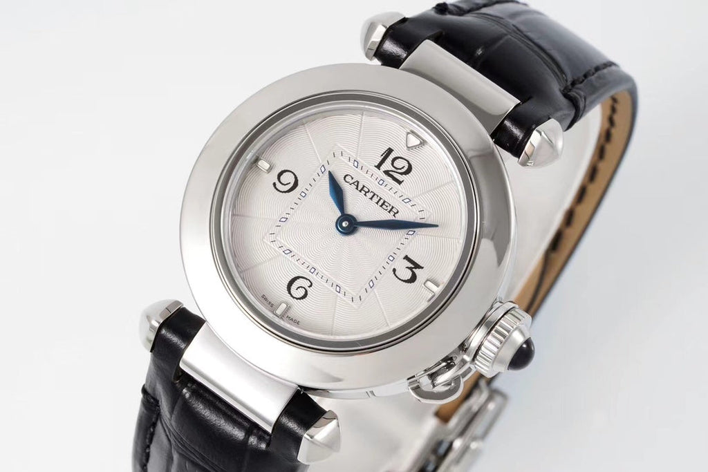 PASHA DE CARTIER WATCH SILVER CASE WITH BLACK LEATHER STRAP