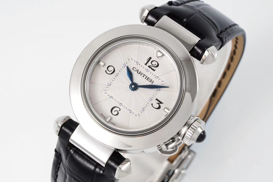 PASHA DE CARTIER WATCH SILVER CASE WITH BLACK LEATHER STRAP