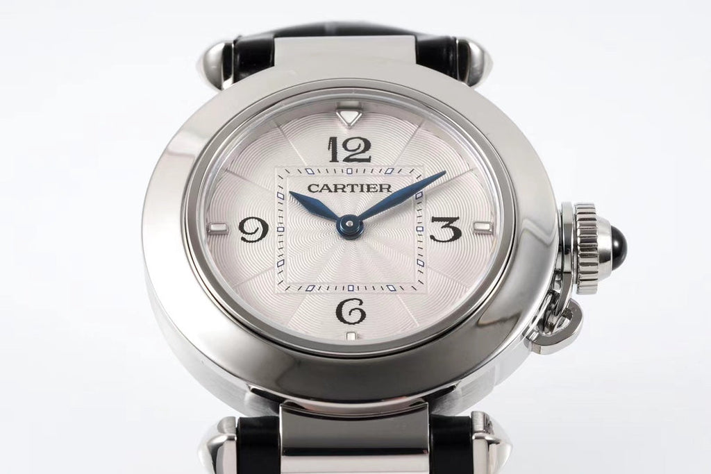 PASHA DE CARTIER WATCH SILVER CASE WITH BLACK LEATHER STRAP
