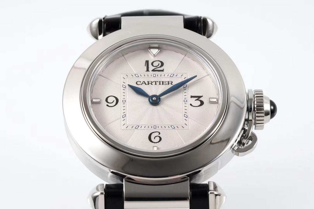 PASHA DE CARTIER WATCH SILVER CASE WITH BLACK LEATHER STRAP