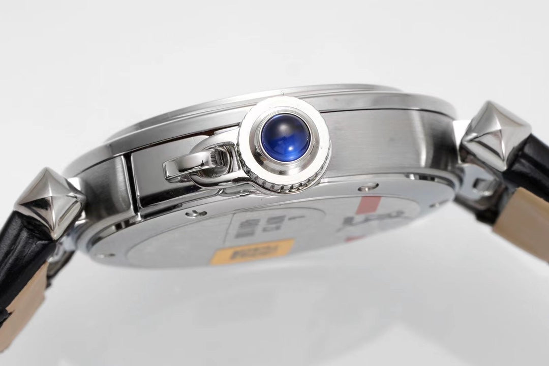 PASHA DE CARTIER WATCH SILVER CASE WITH BLACK LEATHER STRAP