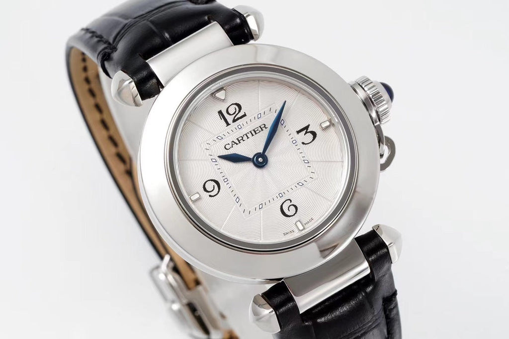 PASHA DE CARTIER WATCH SILVER CASE WITH BLACK LEATHER STRAP