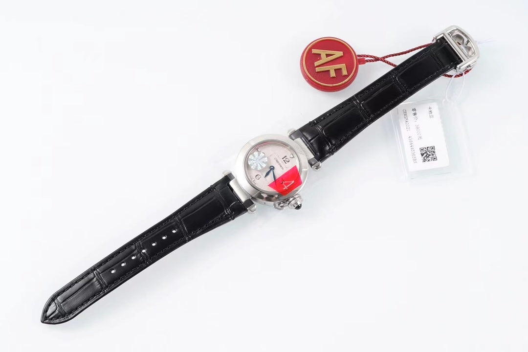 PASHA DE CARTIER WATCH SILVER CASE WITH BLACK LEATHER STRAP