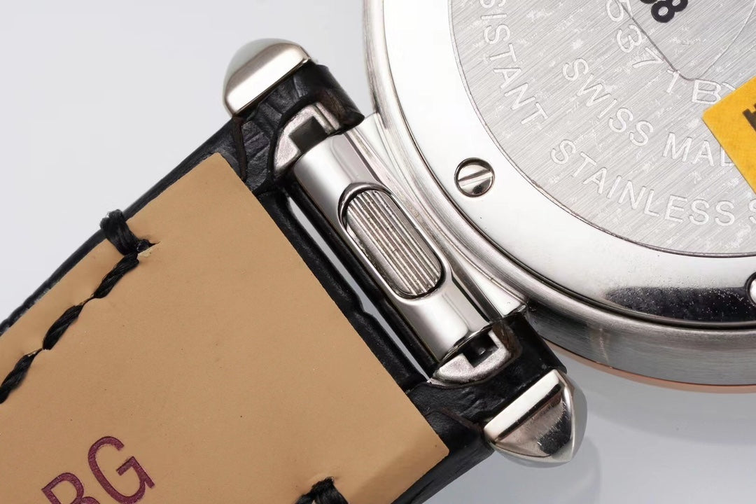 PASHA DE CARTIER WATCH SILVER CASE WITH BLACK LEATHER STRAP