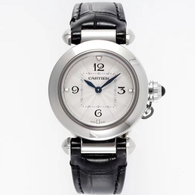 PASHA DE CARTIER WATCH SILVER CASE WITH BLACK LEATHER STRAP