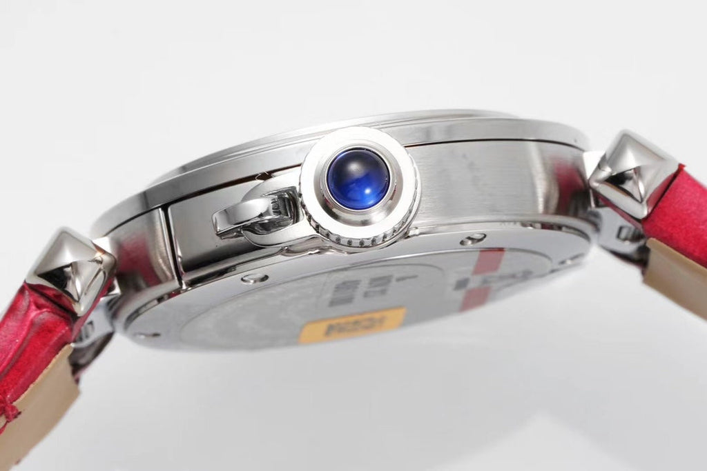 PASHA DE CARTIER WATCH SILVER CASE WITH CHERRY RED LEATHER STRAP