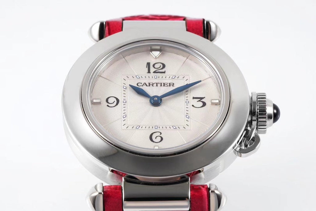 PASHA DE CARTIER WATCH SILVER CASE WITH CHERRY RED LEATHER STRAP