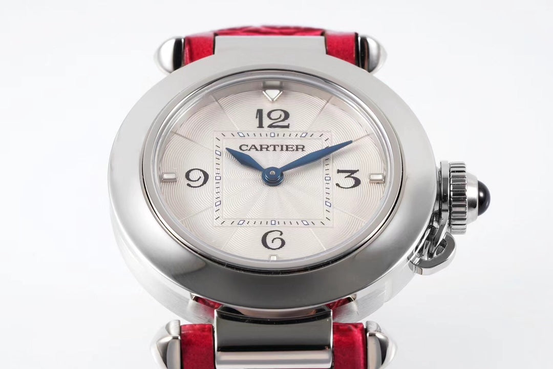 PASHA DE CARTIER WATCH SILVER CASE WITH CHERRY RED LEATHER STRAP