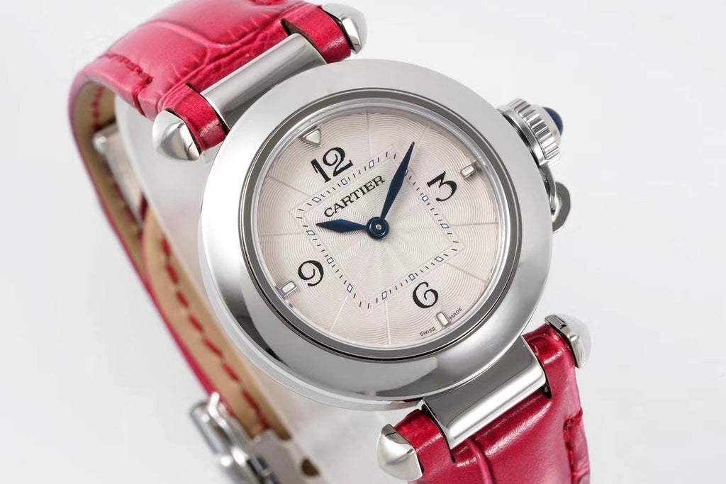 PASHA DE CARTIER WATCH SILVER CASE WITH CHERRY RED LEATHER STRAP