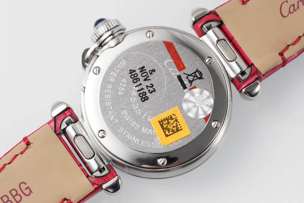 PASHA DE CARTIER WATCH SILVER CASE WITH CHERRY RED LEATHER STRAP