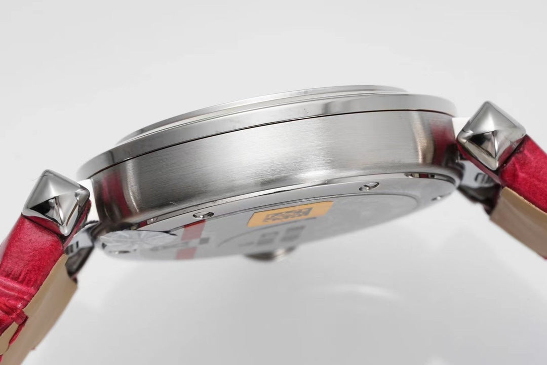 PASHA DE CARTIER WATCH SILVER CASE WITH CHERRY RED LEATHER STRAP