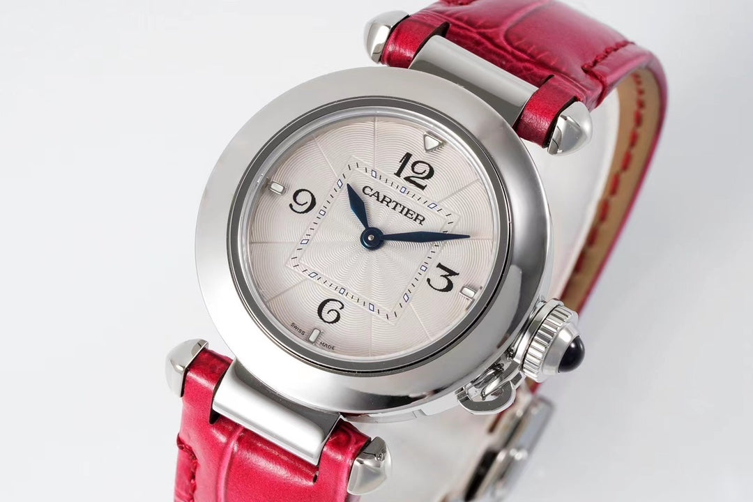 PASHA DE CARTIER WATCH SILVER CASE WITH CHERRY RED LEATHER STRAP