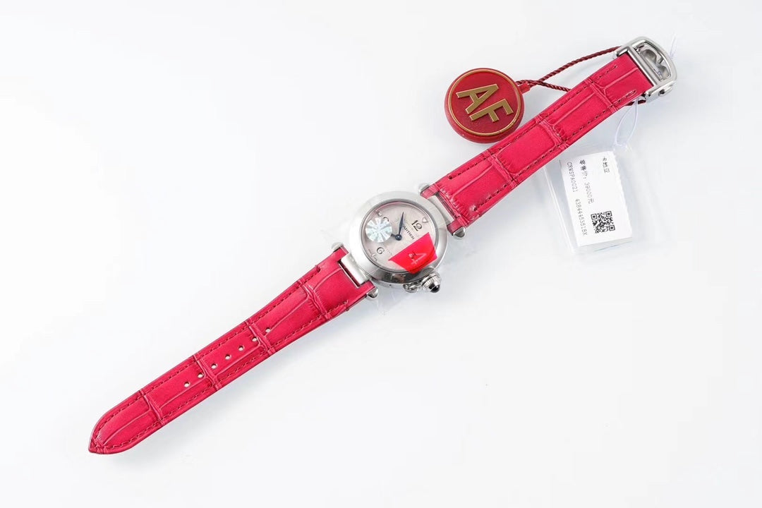PASHA DE CARTIER WATCH SILVER CASE WITH CHERRY RED LEATHER STRAP