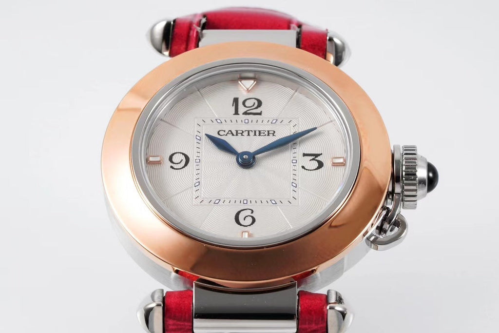 PASHA DE CARTIER WATCH ROSE GOLD AND SILVER CASE WITH CHERRY RED LEATHER STRAP