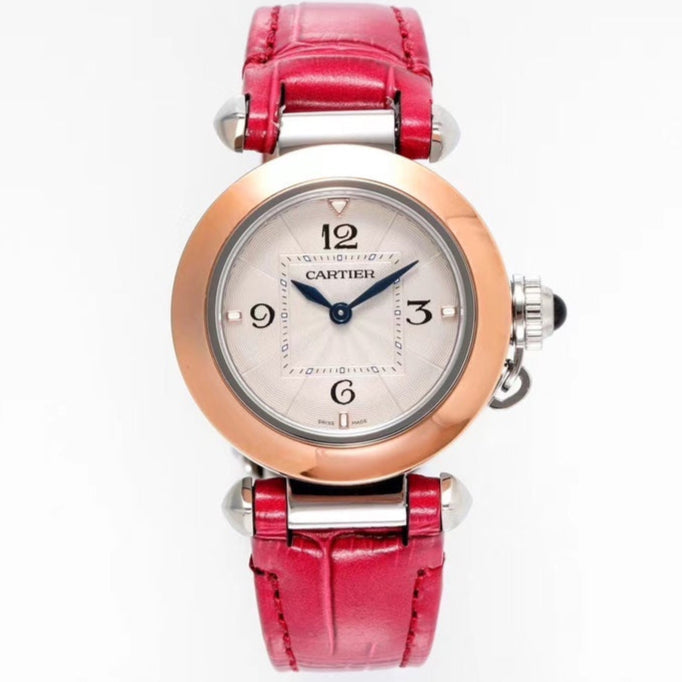 PASHA DE CARTIER WATCH ROSE GOLD AND SILVER CASE WITH CHERRY RED LEATHER STRAP