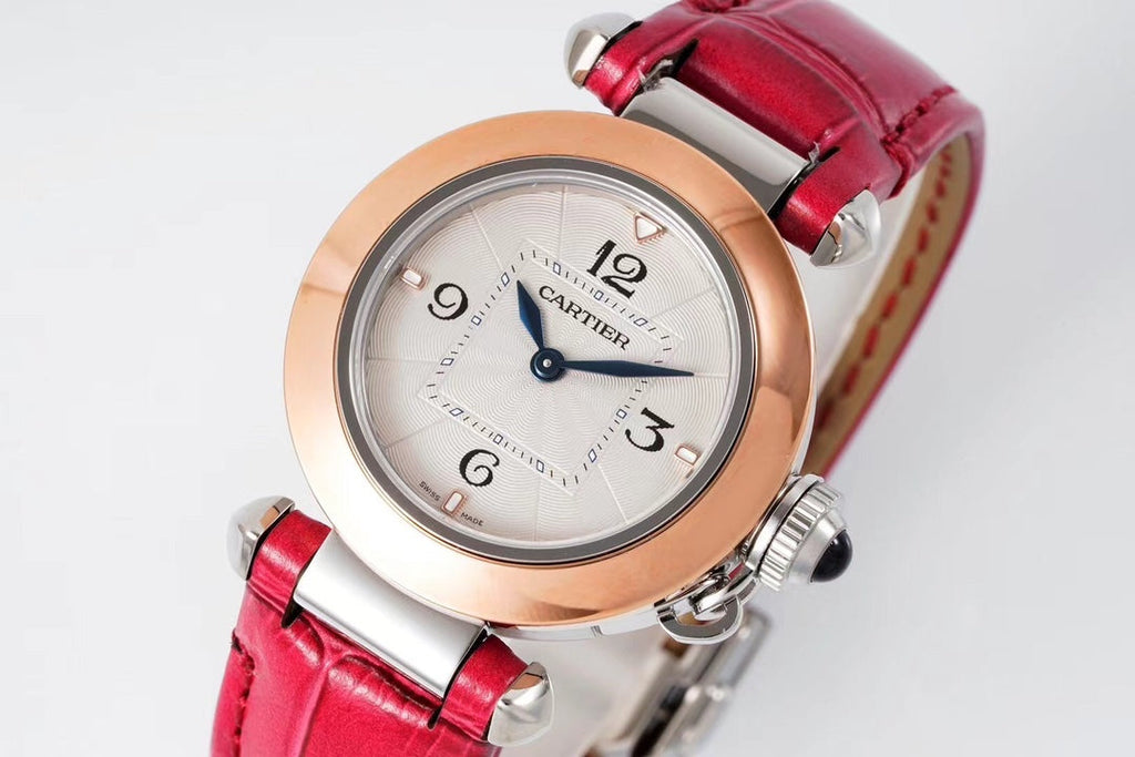 PASHA DE CARTIER WATCH ROSE GOLD AND SILVER CASE WITH CHERRY RED LEATHER STRAP