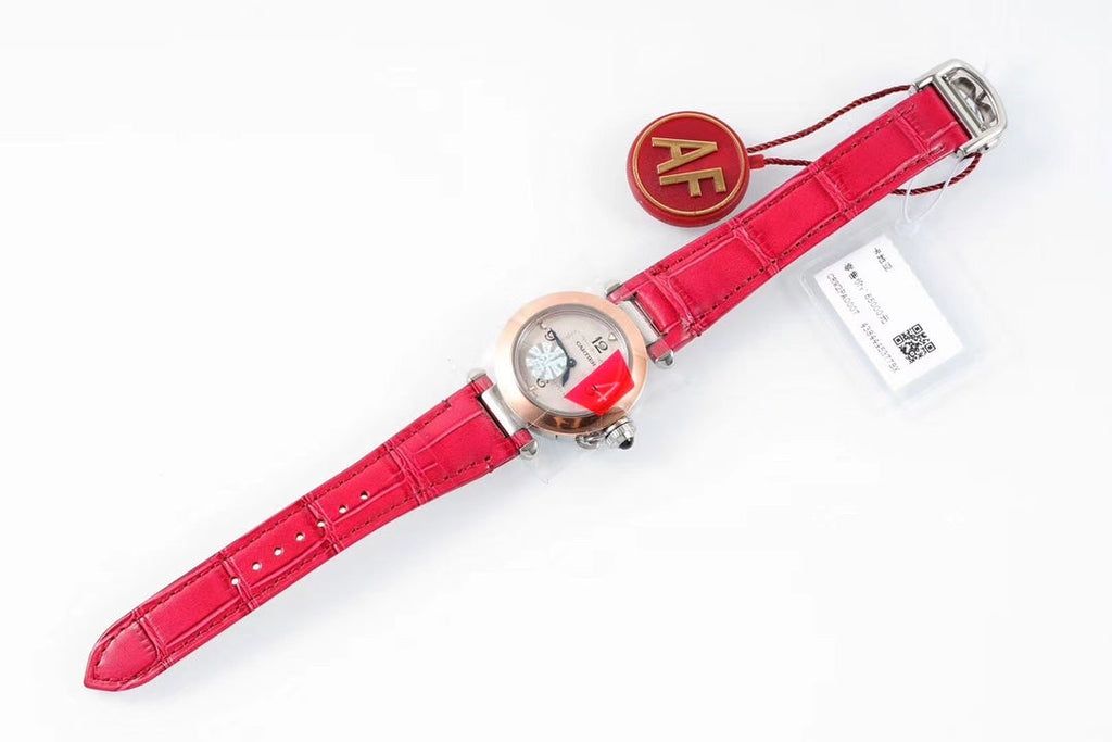 PASHA DE CARTIER WATCH ROSE GOLD AND SILVER CASE WITH CHERRY RED LEATHER STRAP
