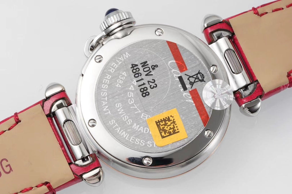 PASHA DE CARTIER WATCH ROSE GOLD AND SILVER CASE WITH CHERRY RED LEATHER STRAP
