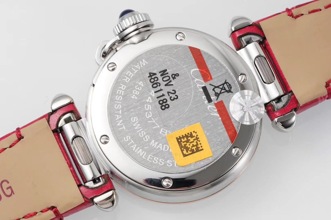 PASHA DE CARTIER WATCH ROSE GOLD AND SILVER CASE WITH CHERRY RED LEATHER STRAP