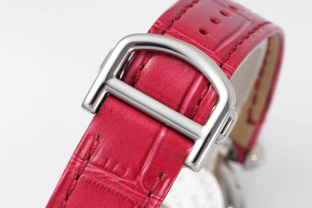 PASHA DE CARTIER WATCH ROSE GOLD AND SILVER CASE WITH CHERRY RED LEATHER STRAP