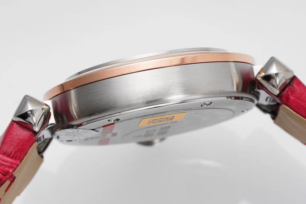 PASHA DE CARTIER WATCH ROSE GOLD AND SILVER CASE WITH CHERRY RED LEATHER STRAP