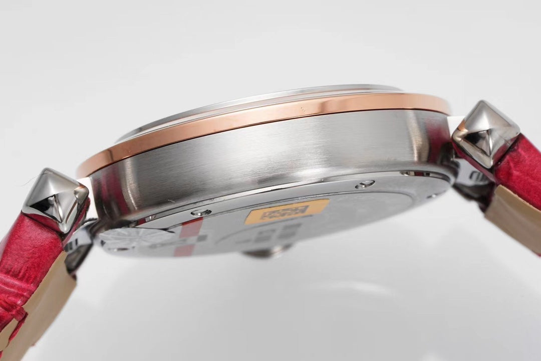 PASHA DE CARTIER WATCH ROSE GOLD AND SILVER CASE WITH CHERRY RED LEATHER STRAP