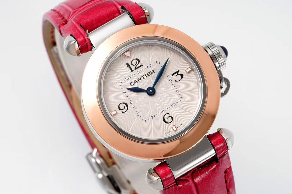 PASHA DE CARTIER WATCH ROSE GOLD AND SILVER CASE WITH CHERRY RED LEATHER STRAP