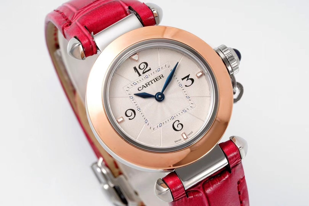 PASHA DE CARTIER WATCH ROSE GOLD AND SILVER CASE WITH CHERRY RED LEATHER STRAP