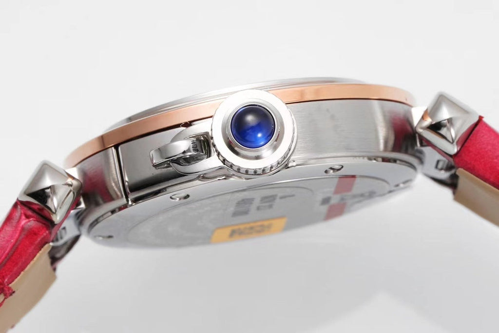 PASHA DE CARTIER WATCH ROSE GOLD AND SILVER CASE WITH CHERRY RED LEATHER STRAP