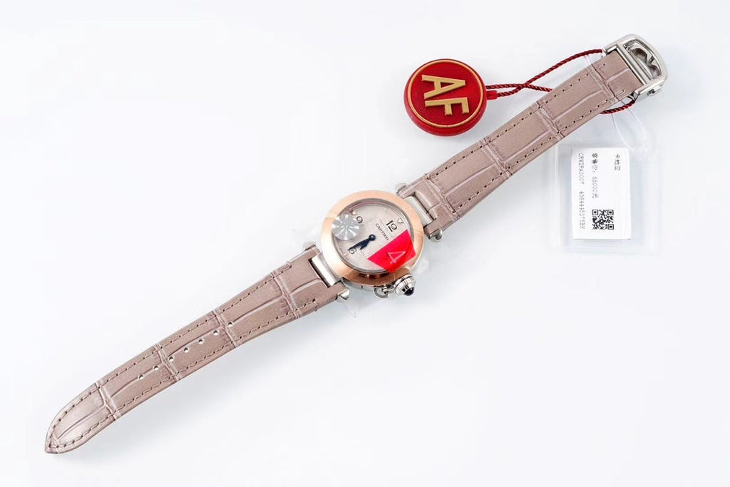 PASHA DE CARTIER WATCH ROSE GOLD AND SILVER CASE AND ROSE BROWN LEATHER STRAP