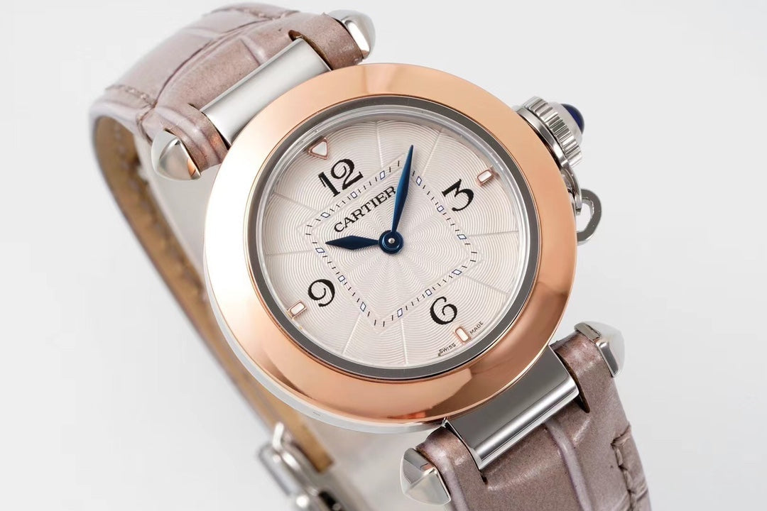 PASHA DE CARTIER WATCH ROSE GOLD AND SILVER CASE AND ROSE BROWN LEATHER STRAP