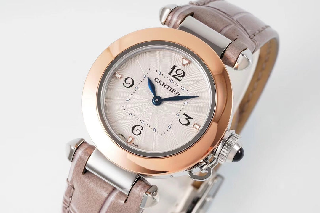 PASHA DE CARTIER WATCH ROSE GOLD AND SILVER CASE AND ROSE BROWN LEATHER STRAP