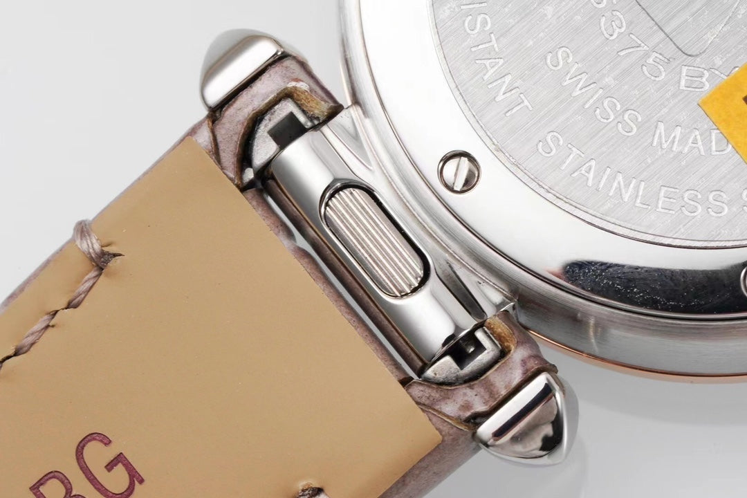 PASHA DE CARTIER WATCH ROSE GOLD AND SILVER CASE AND ROSE BROWN LEATHER STRAP