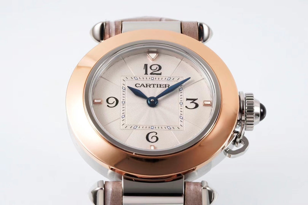 PASHA DE CARTIER WATCH ROSE GOLD AND SILVER CASE AND ROSE BROWN LEATHER STRAP