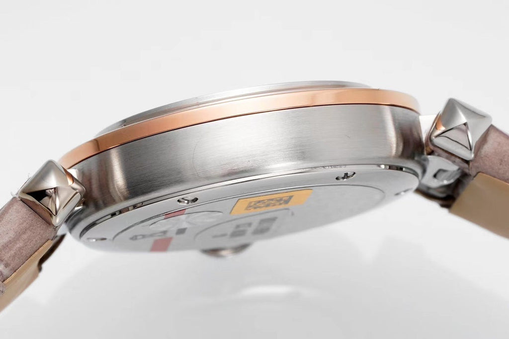 PASHA DE CARTIER WATCH ROSE GOLD AND SILVER CASE AND ROSE BROWN LEATHER STRAP