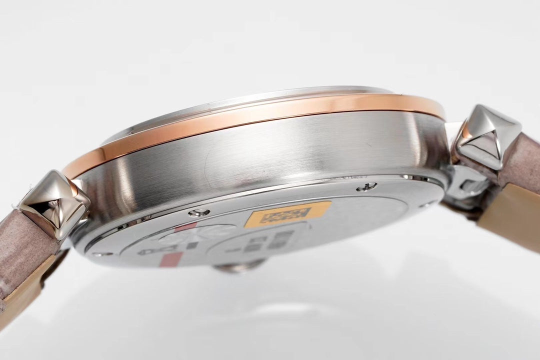 PASHA DE CARTIER WATCH ROSE GOLD AND SILVER CASE AND ROSE BROWN LEATHER STRAP