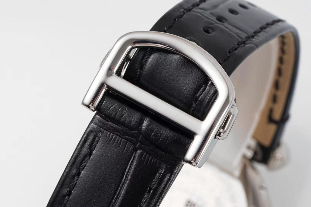 PASHA DE CARTIER WATCH ROSE GOLD AND SILVER CASE AND BLACK LEATHER STRAP