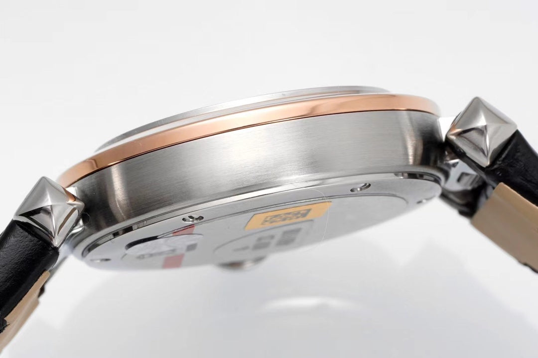 PASHA DE CARTIER WATCH ROSE GOLD AND SILVER CASE AND BLACK LEATHER STRAP