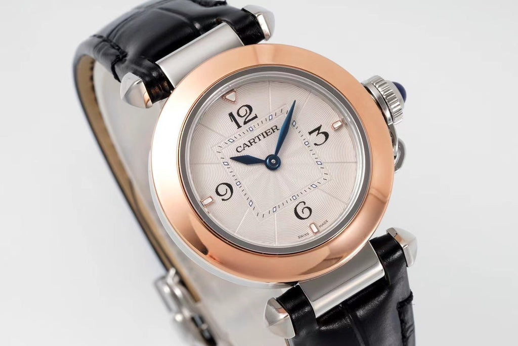 PASHA DE CARTIER WATCH ROSE GOLD AND SILVER CASE AND BLACK LEATHER STRAP