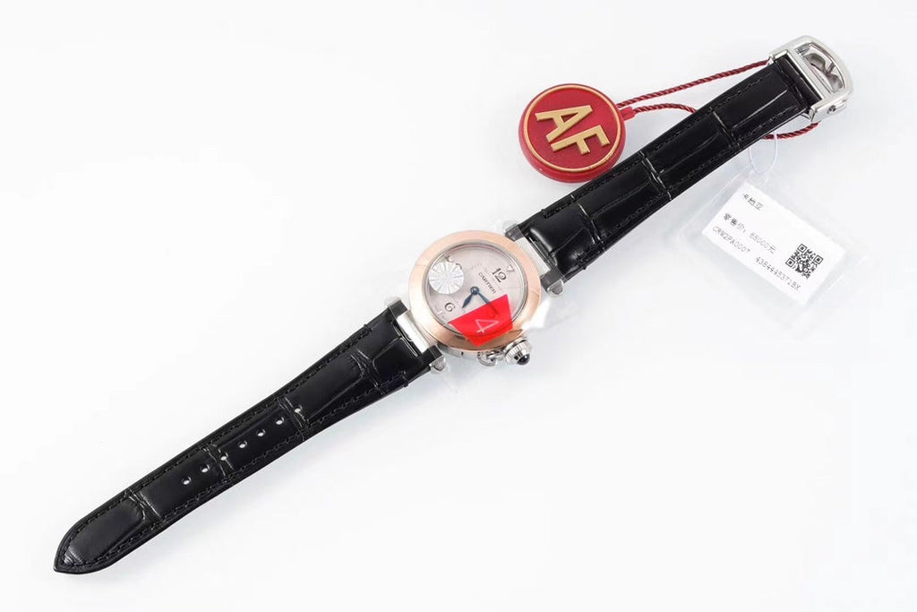 PASHA DE CARTIER WATCH ROSE GOLD AND SILVER CASE AND BLACK LEATHER STRAP