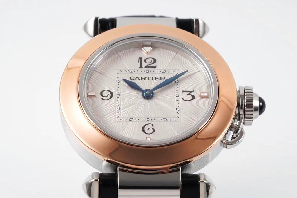 PASHA DE CARTIER WATCH ROSE GOLD AND SILVER CASE AND BLACK LEATHER STRAP