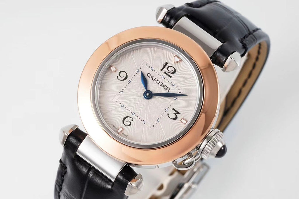PASHA DE CARTIER WATCH ROSE GOLD AND SILVER CASE AND BLACK LEATHER STRAP